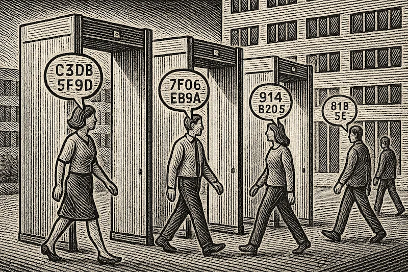 Ilustração em preto e branco de pessoas passando por detectores de metal, simbolizando autenticação
