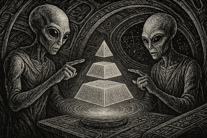 Engenheiros alienígenas estudando uma pirâmide MVC holográfica dentro de uma nave espacial.